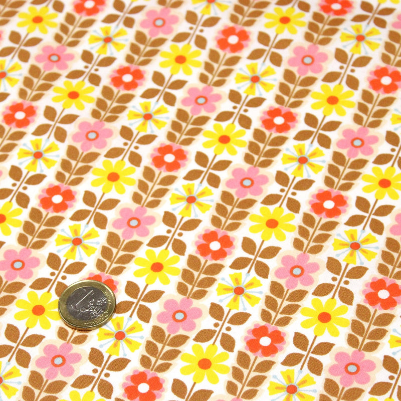 Tissu cotonnade SEVENTIES petites fleurs géométriques : rose/jaune/ocre ou vert/jaune/rose - OEKO-TEX STANDARD 100 - TissusPapi.com