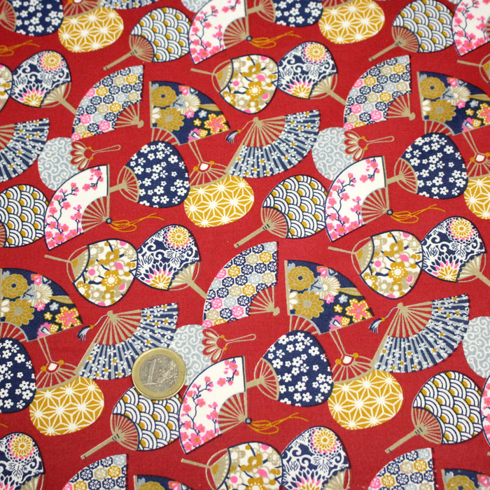 Tissu cotonnade éventails japonais multicolores : rouge ou blanc - OEKO-TEX STANDARD 100
