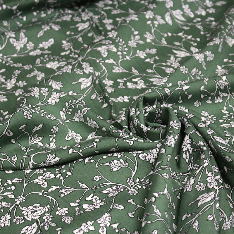Tissu viscose fluide, fines fleurs blanches et noirs, fond ocre ou fond vert - TissusPapi.com