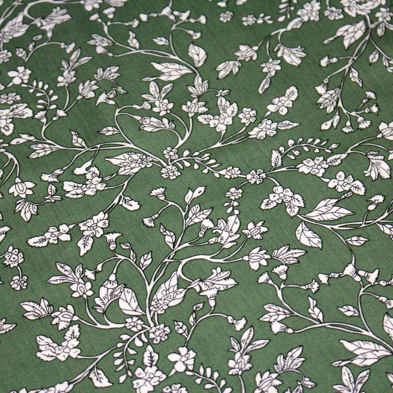Tissu viscose fluide, fines fleurs blanches et noirs, fond ocre ou fond vert - TissusPapi.com