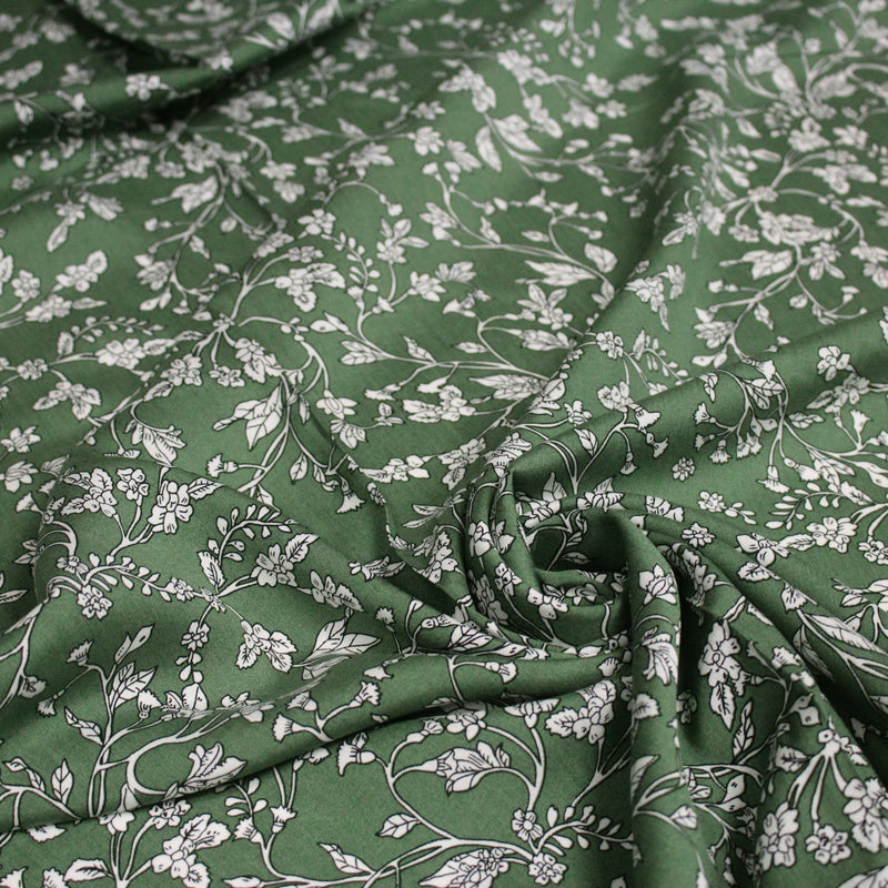 Tissu viscose fluide, fines fleurs blanches et noirs, fond ocre ou fond vert - TissusPapi.com