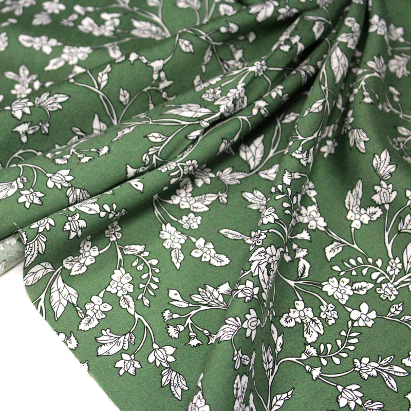 Tissu viscose fluide, fines fleurs blanches et noirs, fond ocre ou fond vert - TissusPapi.com