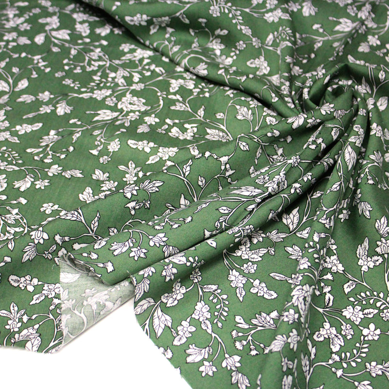 Tissu viscose fluide, fines fleurs blanches et noirs, fond ocre ou fond vert - TissusPapi.com