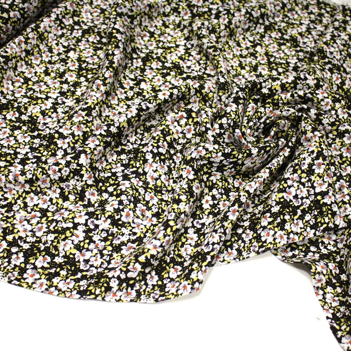 Tissu Viscose crêpe noir fleuri jaune blanc violet orange - TissusPapi.com