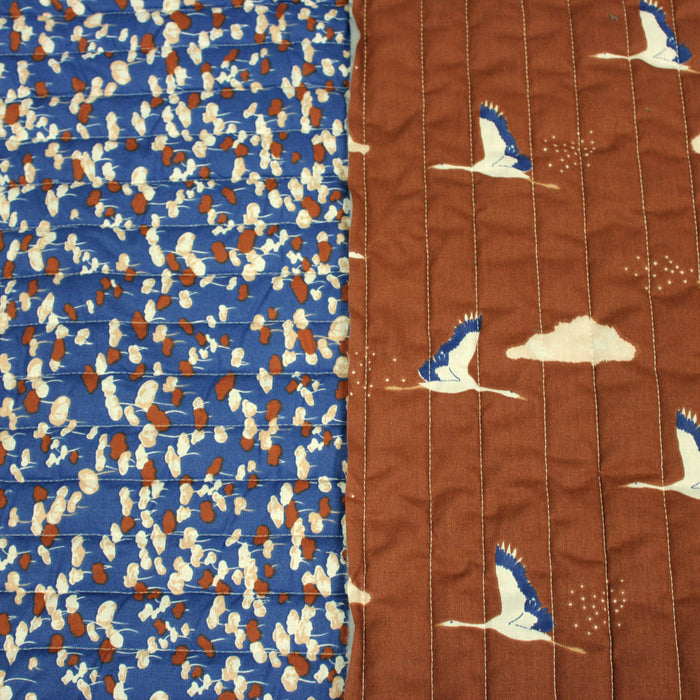 Tissu Matelassé coton motif japonais des grues tsuru, tons brique et bleus - Oeko-Tex