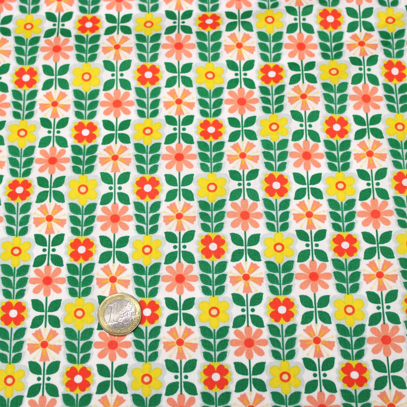Tissu cotonnade SEVENTIES petites fleurs géométriques : rose/jaune/ocre ou vert/jaune/rose - OEKO-TEX STANDARD 100 - TissusPapi.com