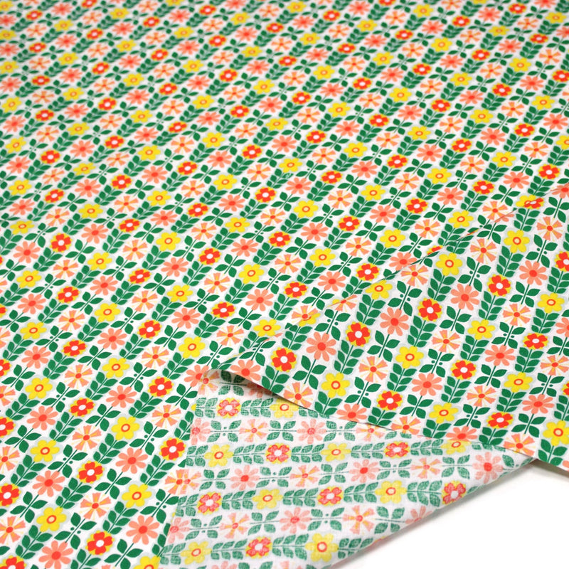 Tissu cotonnade SEVENTIES petites fleurs géométriques : rose/jaune/ocre ou vert/jaune/rose - OEKO-TEX STANDARD 100 - TissusPapi.com