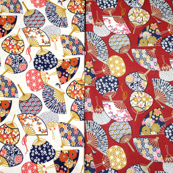 Tissu cotonnade éventails japonais multicolores : rouge ou blanc - OEKO-TEX STANDARD 100