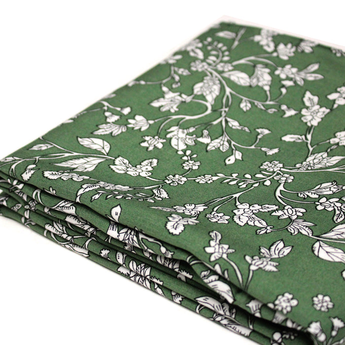 Tissu viscose fluide, fines fleurs blanches et noirs, fond ocre ou fond vert