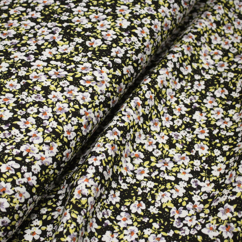 Tissu Viscose crêpe noir fleuri jaune blanc violet orange - TissusPapi.com