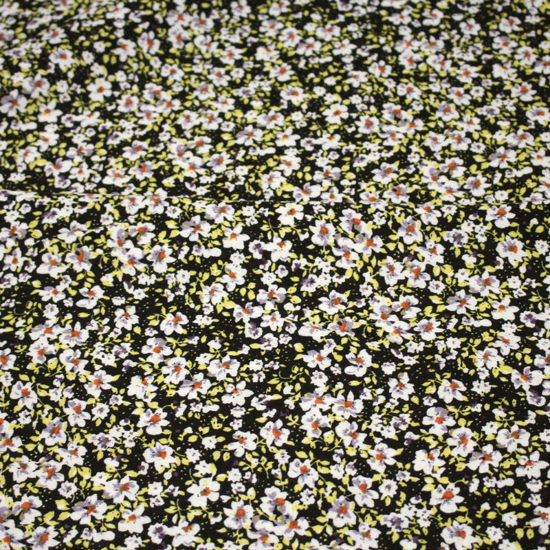 Tissu Viscose crêpe noir fleuri jaune blanc violet orange - TissusPapi.com