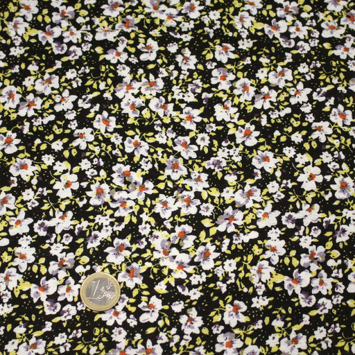 Tissu Viscose crêpe noir fleuri jaune blanc violet orange - TissusPapi.com