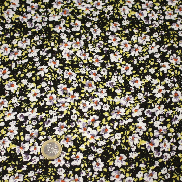 Tissu Viscose crêpe noir fleuri jaune blanc violet orange - TissusPapi.com