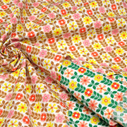 Tissu cotonnade SEVENTIES petites fleurs géométriques : rose/jaune/ocre ou vert/jaune/rose - OEKO-TEX STANDARD 100 - TissusPapi.com