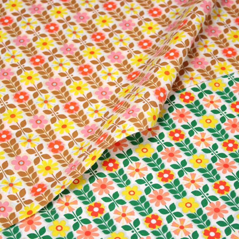 Tissu cotonnade SEVENTIES petites fleurs géométriques : rose/jaune/ocre ou vert/jaune/rose - OEKO-TEX STANDARD 100 - TissusPapi.com
