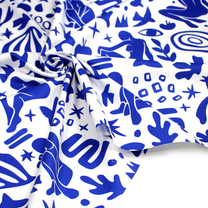 Tissu gabardine imprimée SILHOUETTE : trois motifs bleus et blancs - OEKO - TEX STANDARD 100 - TissusPapi.com