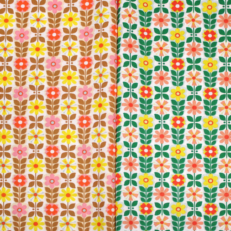 Tissu cotonnade SEVENTIES petites fleurs géométriques : rose/jaune/ocre ou vert/jaune/rose - OEKO-TEX STANDARD 100 - TissusPapi.com