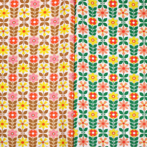 Tissu cotonnade SEVENTIES petites fleurs géométriques : rose/jaune/ocre ou vert/jaune/rose - OEKO-TEX STANDARD 100 - TissusPapi.com