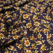 Tissu Viscose crêpe violet, fleuri ocre & écru et liserés lurex dorés - TissusPapi.com