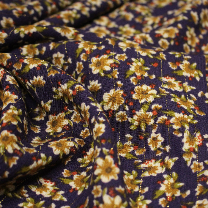 Tissu Viscose crêpe violet, fleuri ocre & écru et liserés lurex dorés - TissusPapi.com