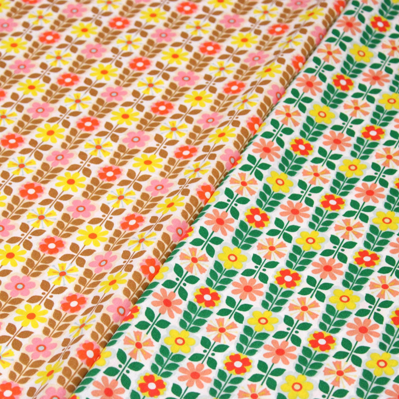 Tissu cotonnade SEVENTIES petites fleurs géométriques : rose/jaune/ocre ou vert/jaune/rose - OEKO-TEX STANDARD 100 - TissusPapi.com