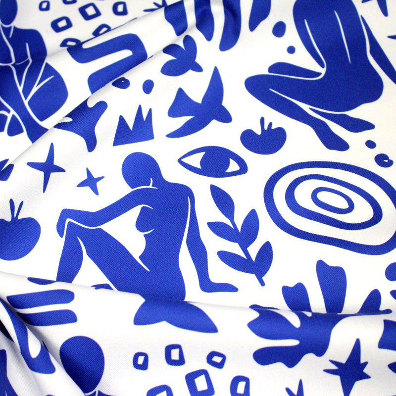 Tissu gabardine imprimée SILHOUETTE : trois motifs bleus et blancs - OEKO - TEX STANDARD 100 - TissusPapi.com