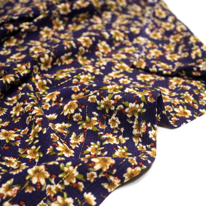 Tissu Viscose crêpe violet, fleuri ocre & écru et liserés lurex dorés - TissusPapi.com
