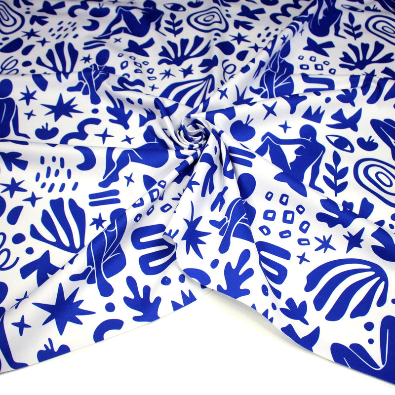 Tissu gabardine imprimée SILHOUETTE : trois motifs bleus et blancs - OEKO - TEX STANDARD 100 - TissusPapi.com