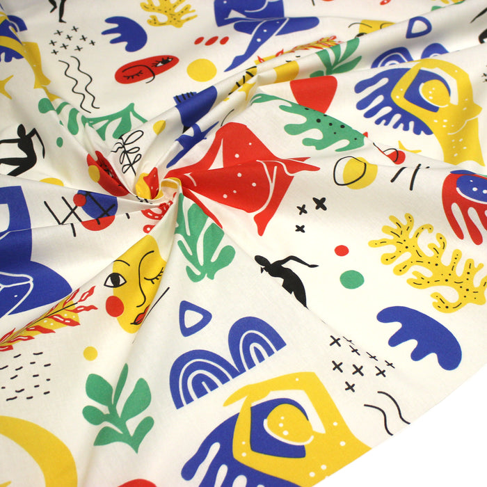 Tissu coton grande largeur 280cm, motif MATISSE très coloré, bleu, jaune, rouge, vert, fond blanc