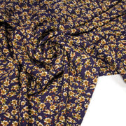 Tissu Viscose crêpe violet, fleuri ocre & écru et liserés lurex dorés - TissusPapi.com