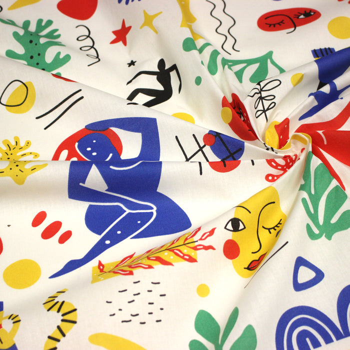 Tissu coton grande largeur 280cm, motif MATISSE très coloré, bleu, jaune, rouge, vert, fond blanc