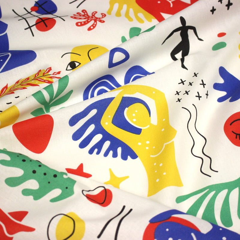 Tissu coton grande largeur 280cm, motif MATISSE très coloré, bleu, jaune, rouge, vert, fond blanc - TissusPapi.com