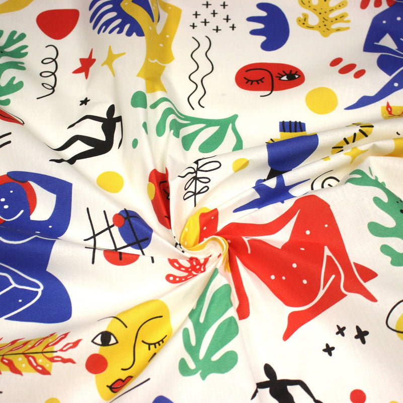 Tissu coton grande largeur 280cm, motif MATISSE très coloré, bleu, jaune, rouge, vert, fond blanc - TissusPapi.com