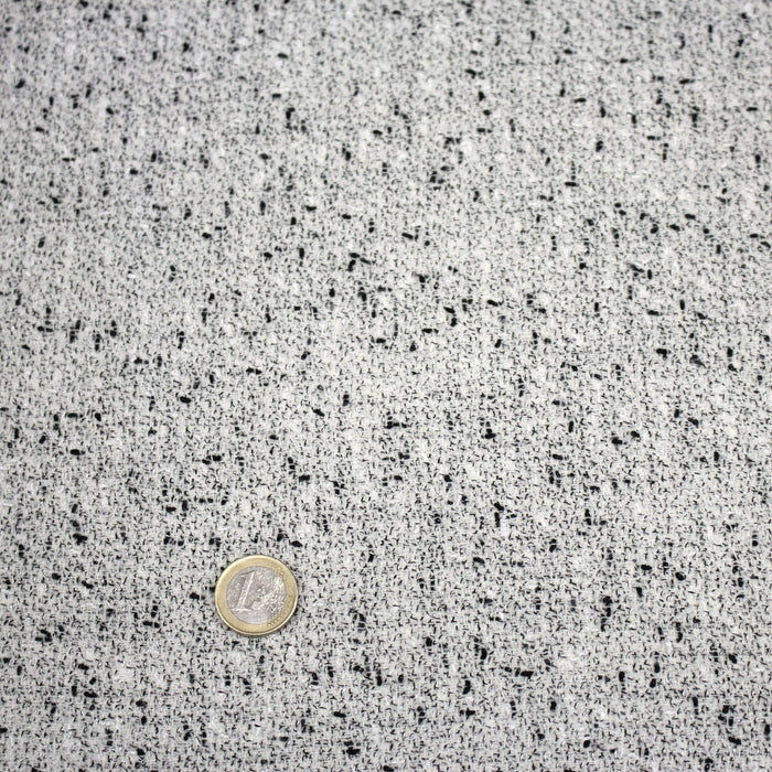 Tissu Tweed coton laine faux-uni blanc gris, taches noires - Fabrication française - TissusPapi.com