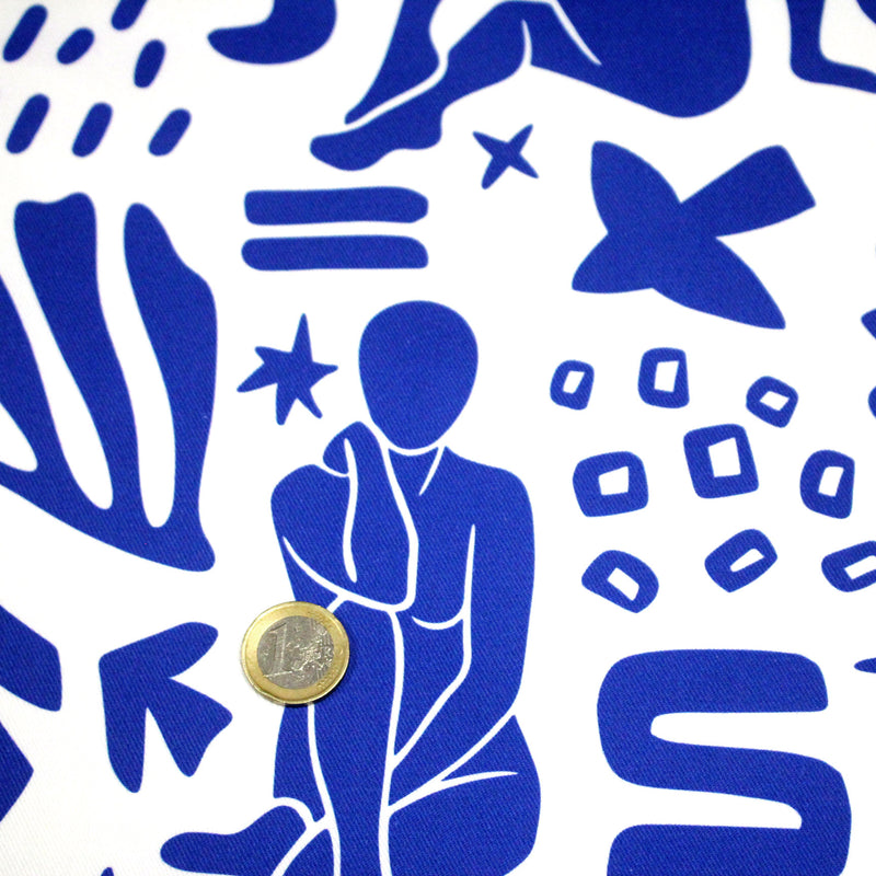 Tissu gabardine imprimée SILHOUETTE : trois motifs bleus et blancs - OEKO - TEX STANDARD 100 - TissusPapi.com