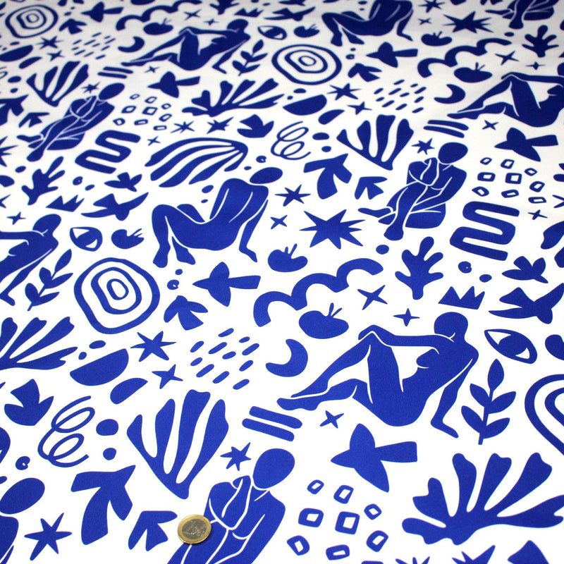Tissu gabardine imprimée SILHOUETTE : trois motifs bleus et blancs - OEKO - TEX STANDARD 100 - TissusPapi.com