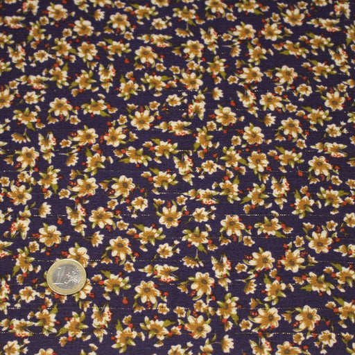 Tissu Viscose crêpe violet, fleuri ocre & écru et liserés lurex dorés - TissusPapi.com