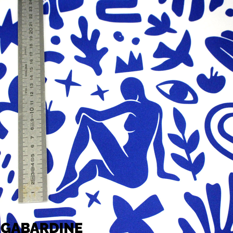 Tissu gabardine imprimée SILHOUETTE : trois motifs bleus et blancs - OEKO - TEX STANDARD 100 - TissusPapi.com