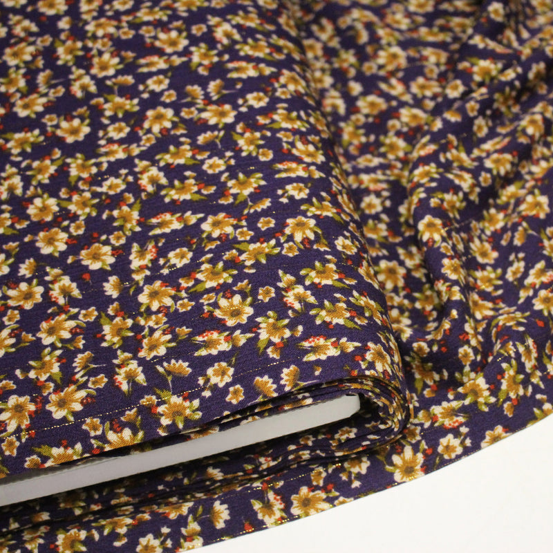 Tissu Viscose crêpe violet, fleuri ocre & écru et liserés lurex dorés - TissusPapi.com