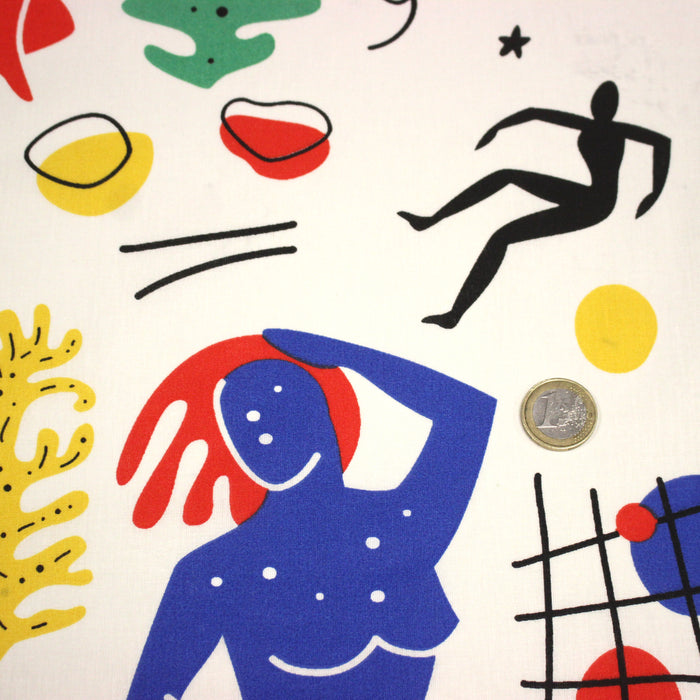 Tissu coton grande largeur 280cm, motif MATISSE très coloré, bleu, jaune, rouge, vert, fond blanc