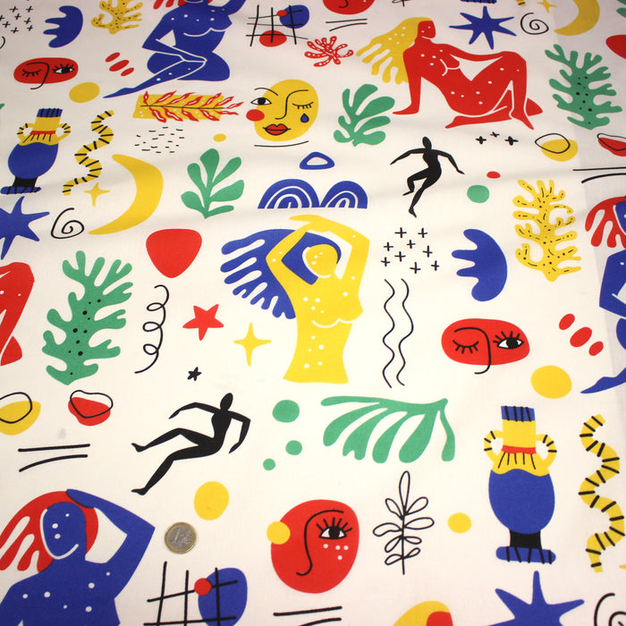 Tissu coton grande largeur 280cm, motif MATISSE très coloré, bleu, jaune, rouge, vert, fond blanc