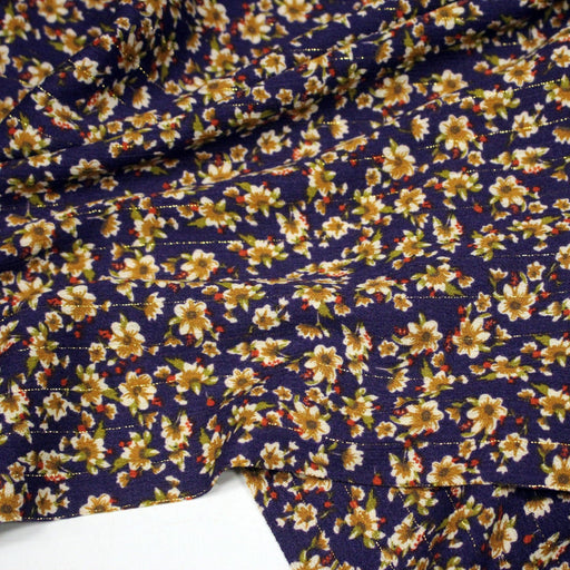 Tissu Viscose crêpe violet, fleuri ocre & écru et liserés lurex dorés - TissusPapi.com