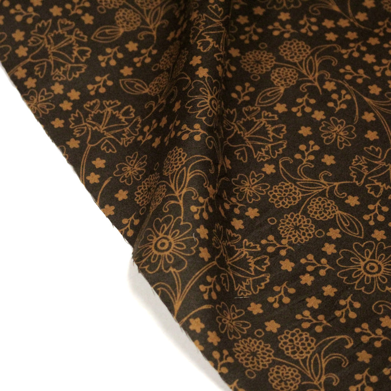 Tissu popeline de coton marron chocolat aux fines fleurs ocres faux - uni - TissusPapi.com