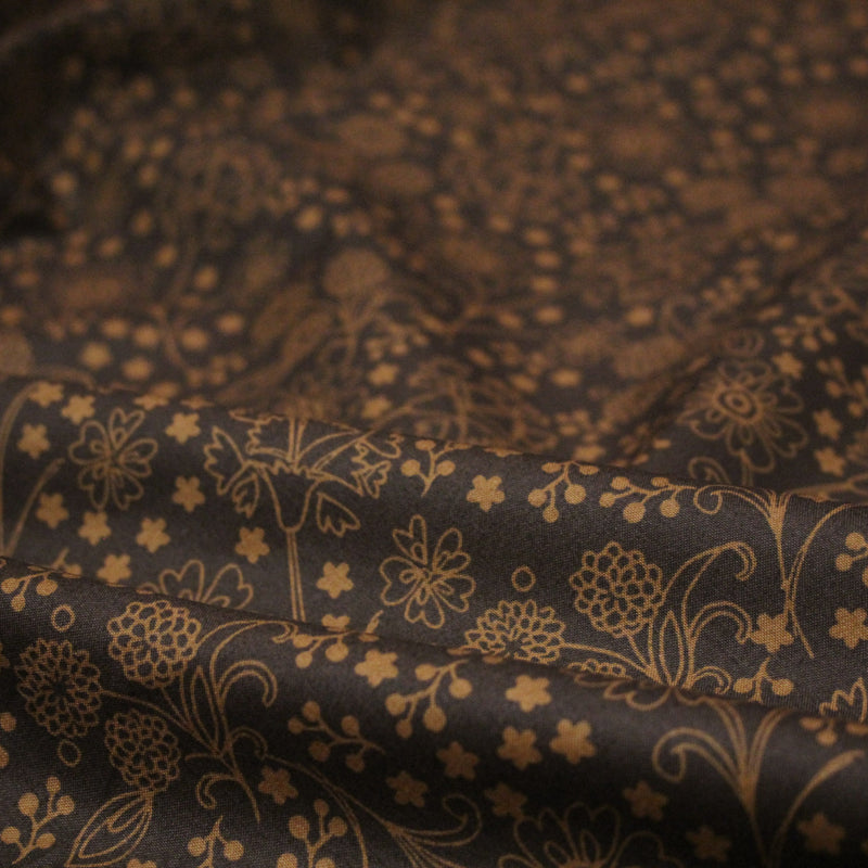 Tissu popeline de coton marron chocolat aux fines fleurs ocres faux - uni - TissusPapi.com