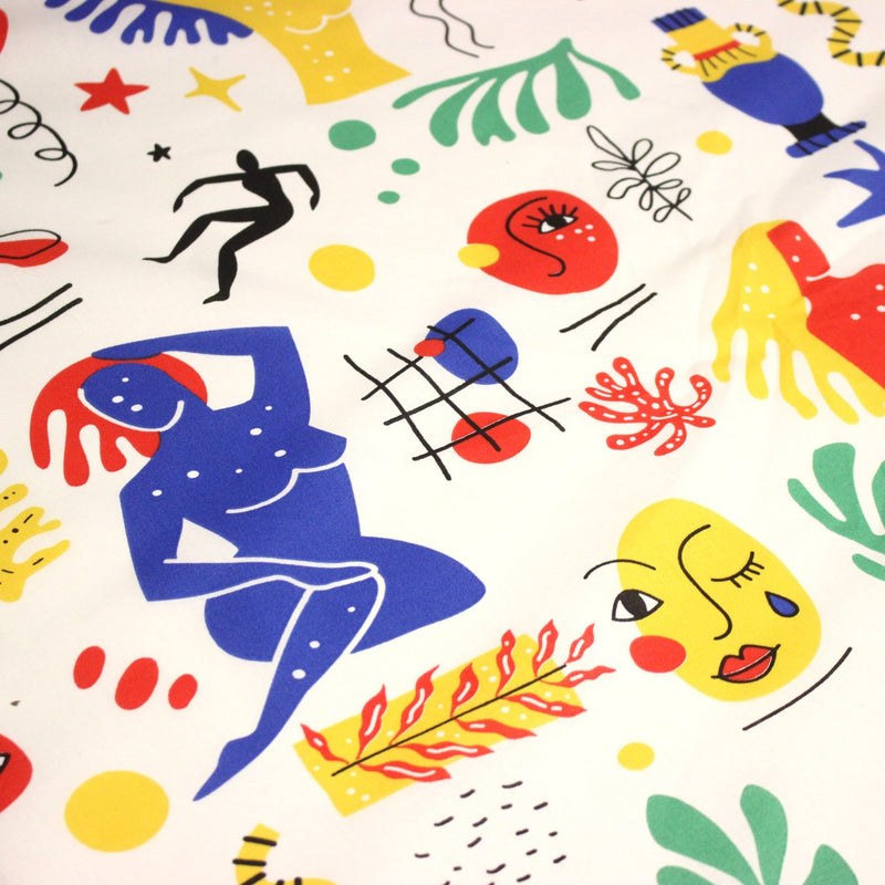 Tissu coton grande largeur 280cm, motif MATISSE très coloré, bleu, jaune, rouge, vert, fond blanc - TissusPapi.com