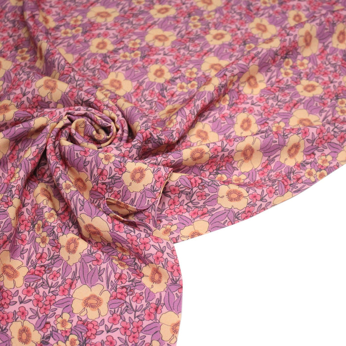 Tissu Viscose fluide JULISSA, motif floral rose, jaune et violet - OEKO-TEX