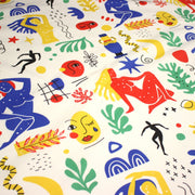 Tissu coton grande largeur 280cm, motif MATISSE très coloré, bleu, jaune, rouge, vert, fond blanc - TissusPapi.com