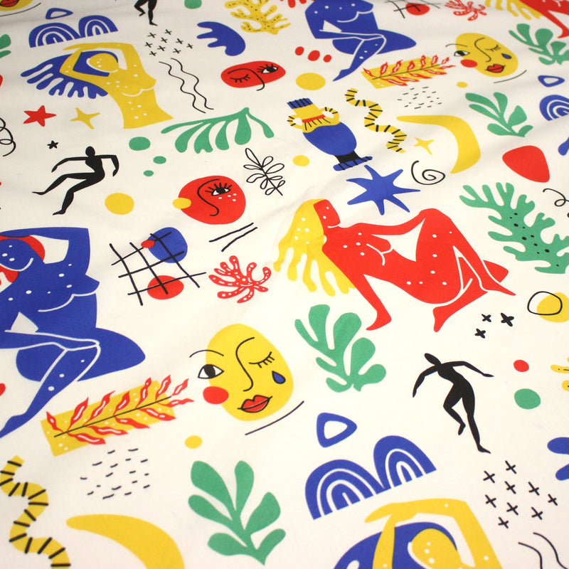 Tissu coton grande largeur 280cm, motif MATISSE très coloré, bleu, jaune, rouge, vert, fond blanc - TissusPapi.com