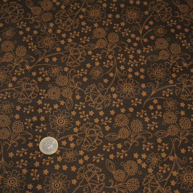 Tissu popeline de coton marron chocolat aux fines fleurs ocres faux - uni - TissusPapi.com