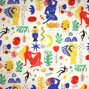 Tissu coton grande largeur 280cm, motif MATISSE très coloré, bleu, jaune, rouge, vert, fond blanc - TissusPapi.com